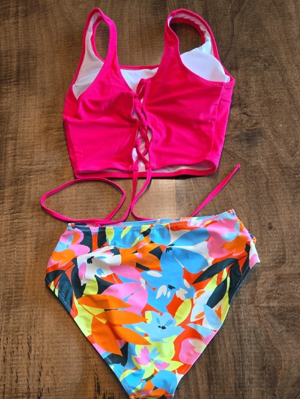 Popvil Womens Two-Piece Swim Set - Hot Pink Top with Multi Floral Bottom NWOT